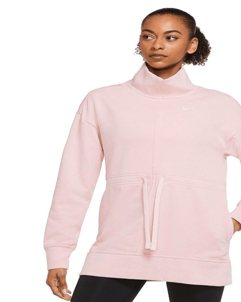 Front of a model wearing a size XXL Nike Women's Plus Dri FIT Get Fit Pullover Training Top Pink Size XX-Large in Pink by Nike. | dia_product_style_image_id:311257